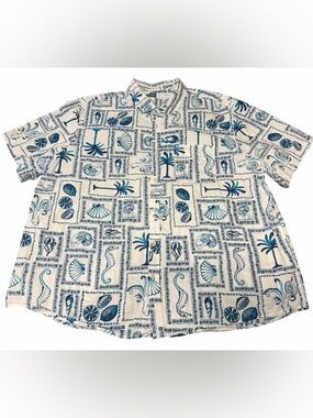 Eileen Fisher Blue and Cream Tropical Print Short-Sleeve Shirt